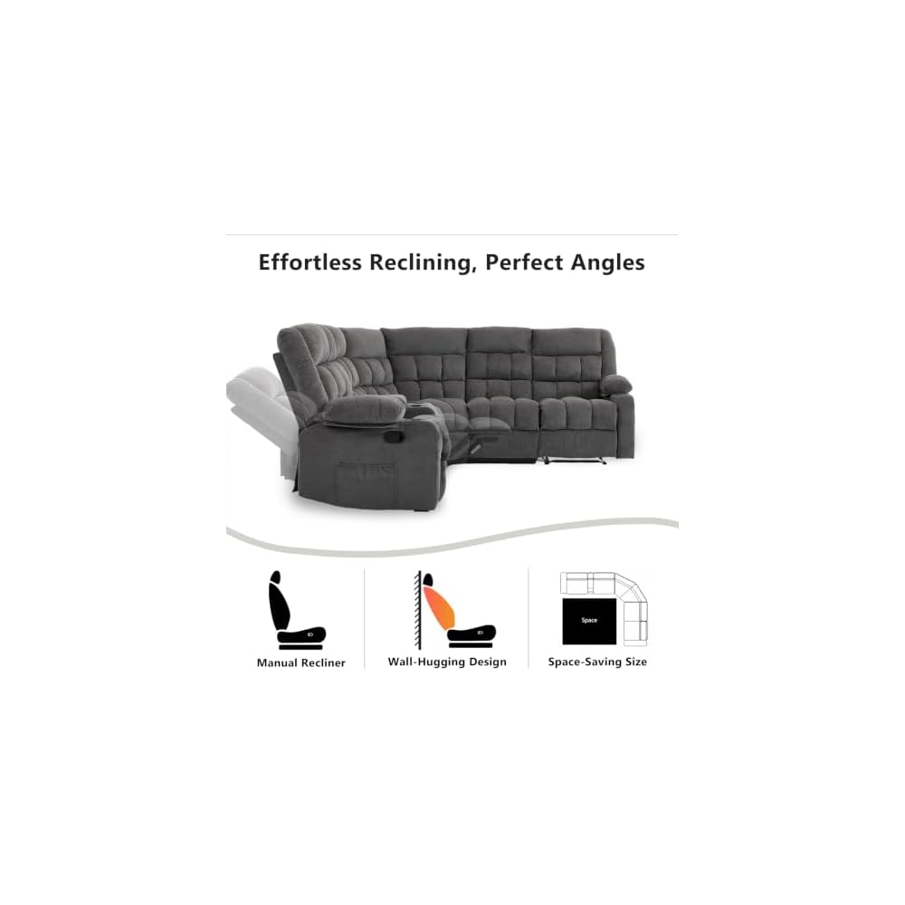 Reclining Sectional Sofa, L Shaped Recliner Couch, 6 Seater, Dark Gray