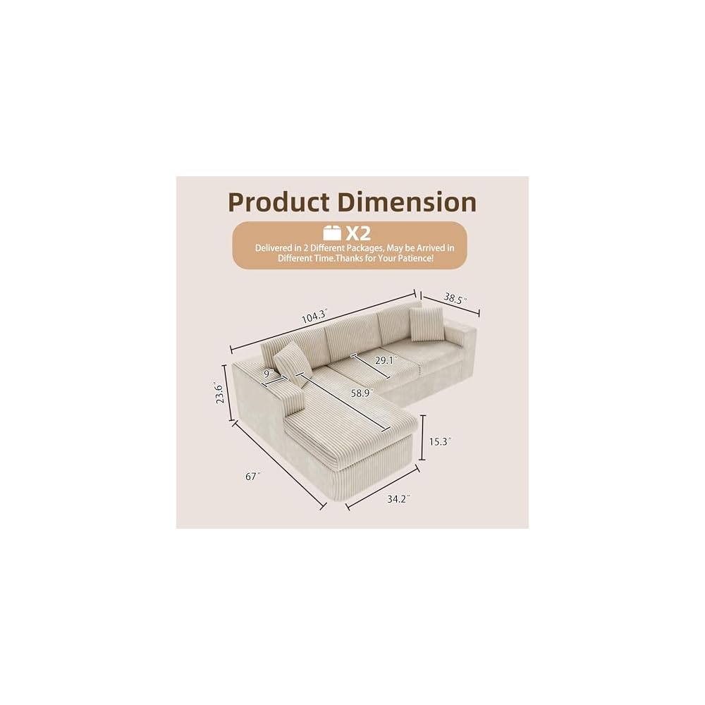 Shintenchi 104 Boneless Couch, L Shaped Modular Sectional Sofa with Deep Seat, Cloud Foam Couch with Oversized Chaise Lounge, No Assembly Required Plush Corduroy Living Room Furniture, Beige