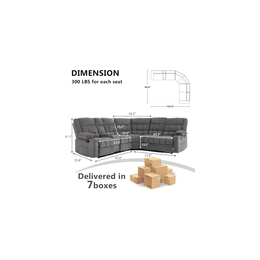 Reclining Sectional Sofa, L Shaped Recliner Couch, 6 Seater, Dark Gray