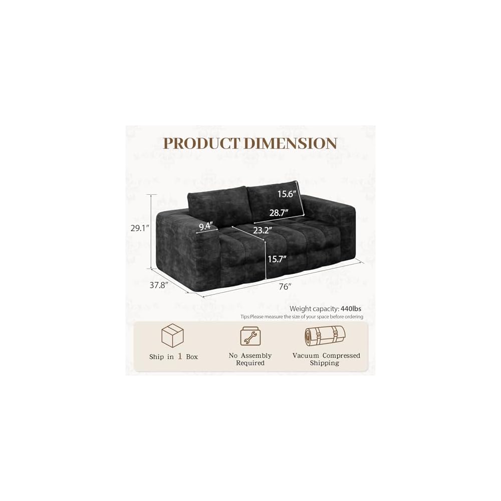 EROMMY 76'' Loveseat Boneless Couch, Oversized Cloud Tufted Sofa with Deep Seat, 3 Seater Memory Foam Couch for Apartment, No Assembly Required Soft Chenille Sofa, Black