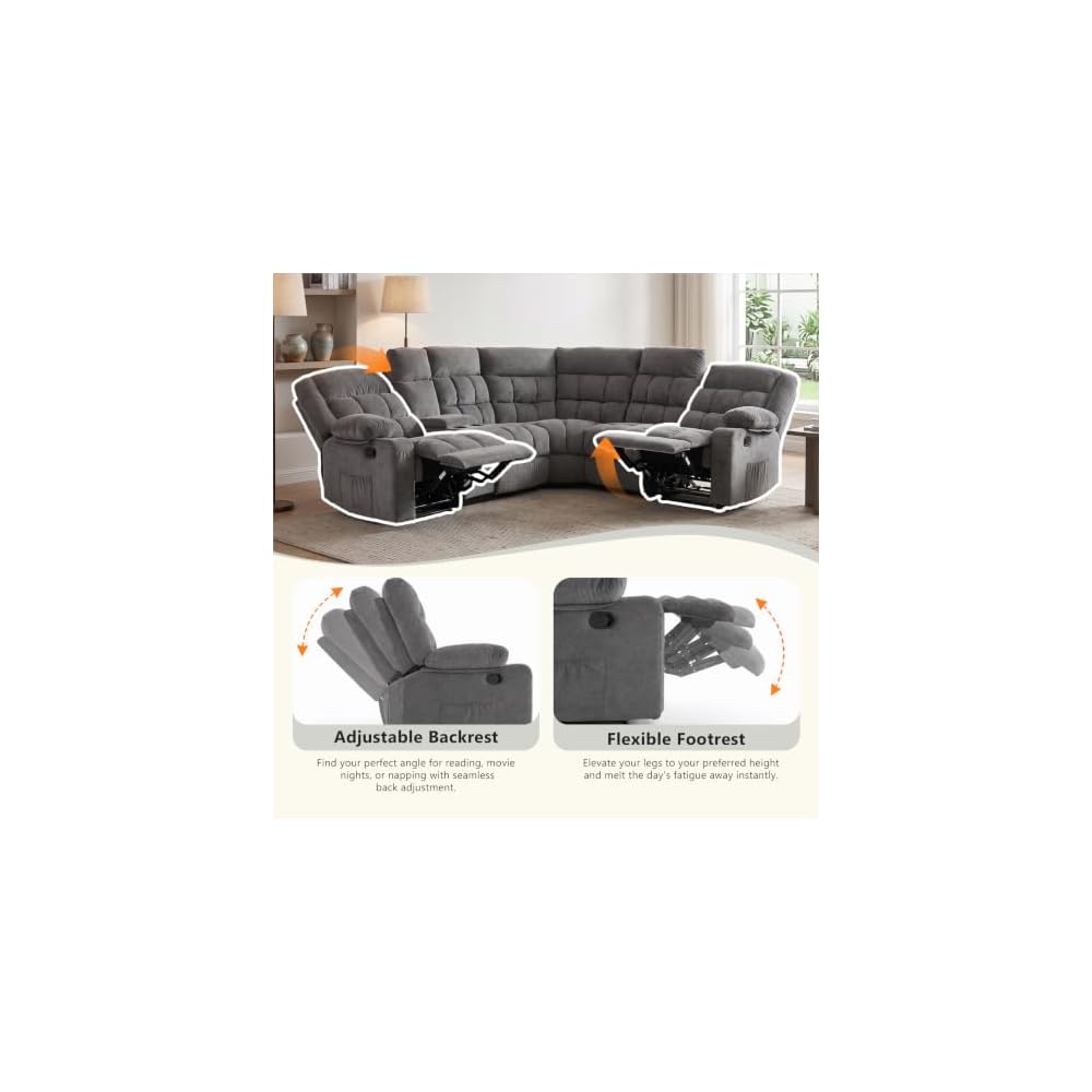 Reclining Sectional Sofa, L Shaped Recliner Couch, 6 Seater, Dark Gray