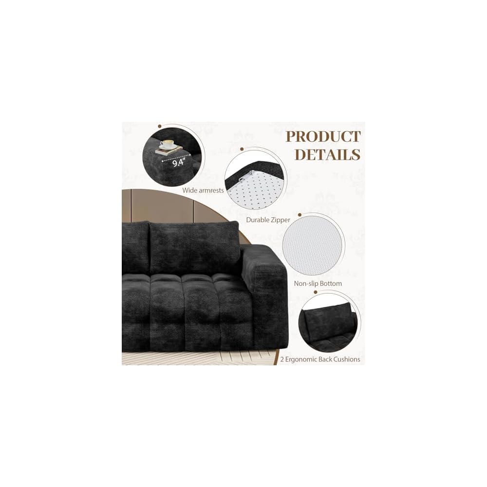 EROMMY 76'' Loveseat Boneless Couch, Oversized Cloud Tufted Sofa with Deep Seat, 3 Seater Memory Foam Couch for Apartment, No Assembly Required Soft Chenille Sofa, Black