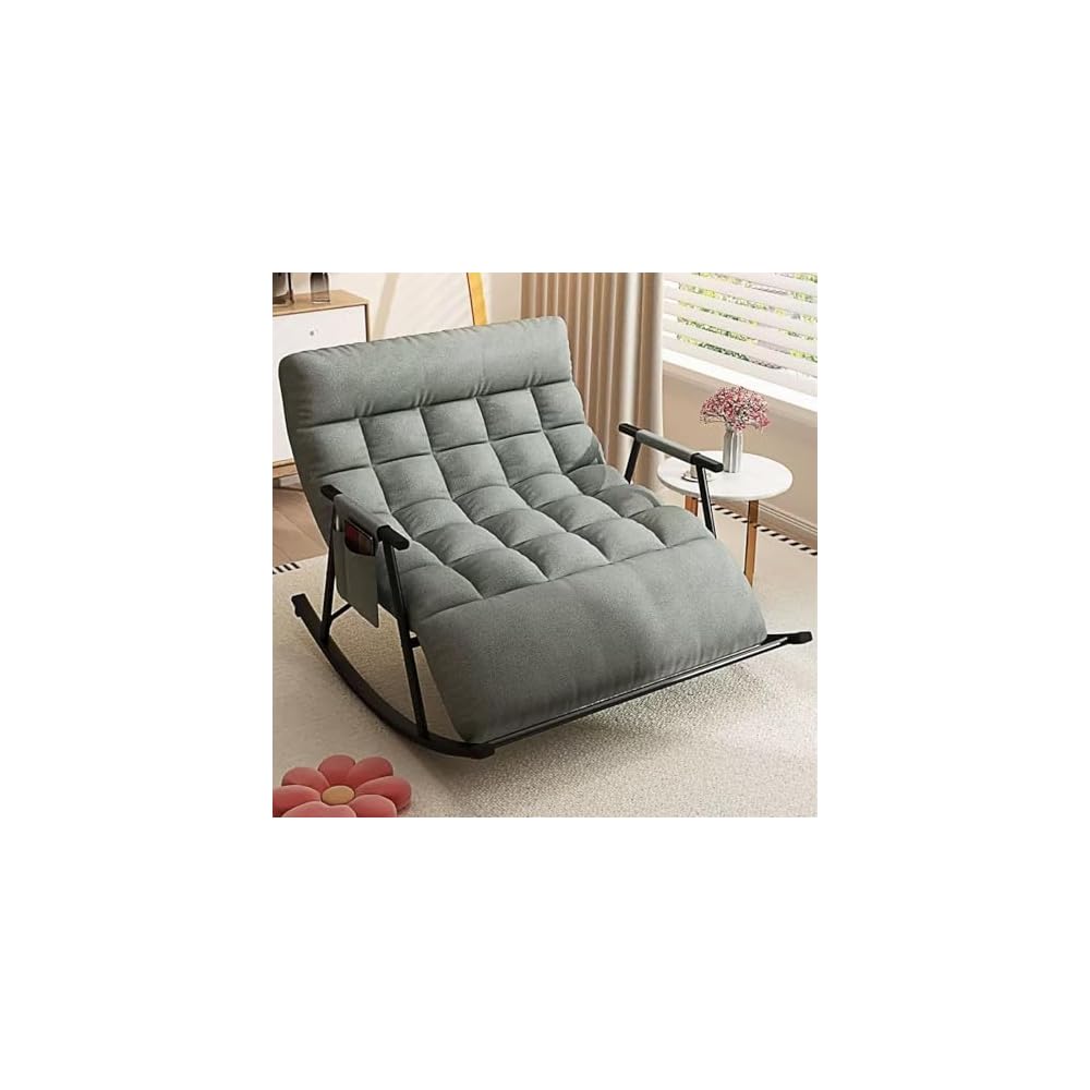 Modern Grey Rocking Chair with Soft Cushion - Comfortable Living Room & Bedroom Lounger, Zero Gravity Garden Chair with Armrests, Stylish Outdoor Seating (Black Legs)