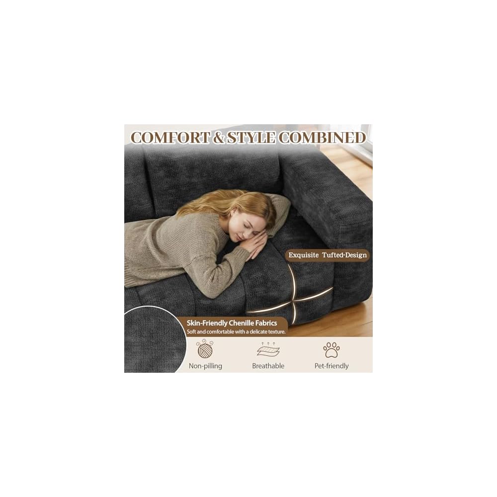 EROMMY 76'' Loveseat Boneless Couch, Oversized Cloud Tufted Sofa with Deep Seat, 3 Seater Memory Foam Couch for Apartment, No Assembly Required Soft Chenille Sofa, Black