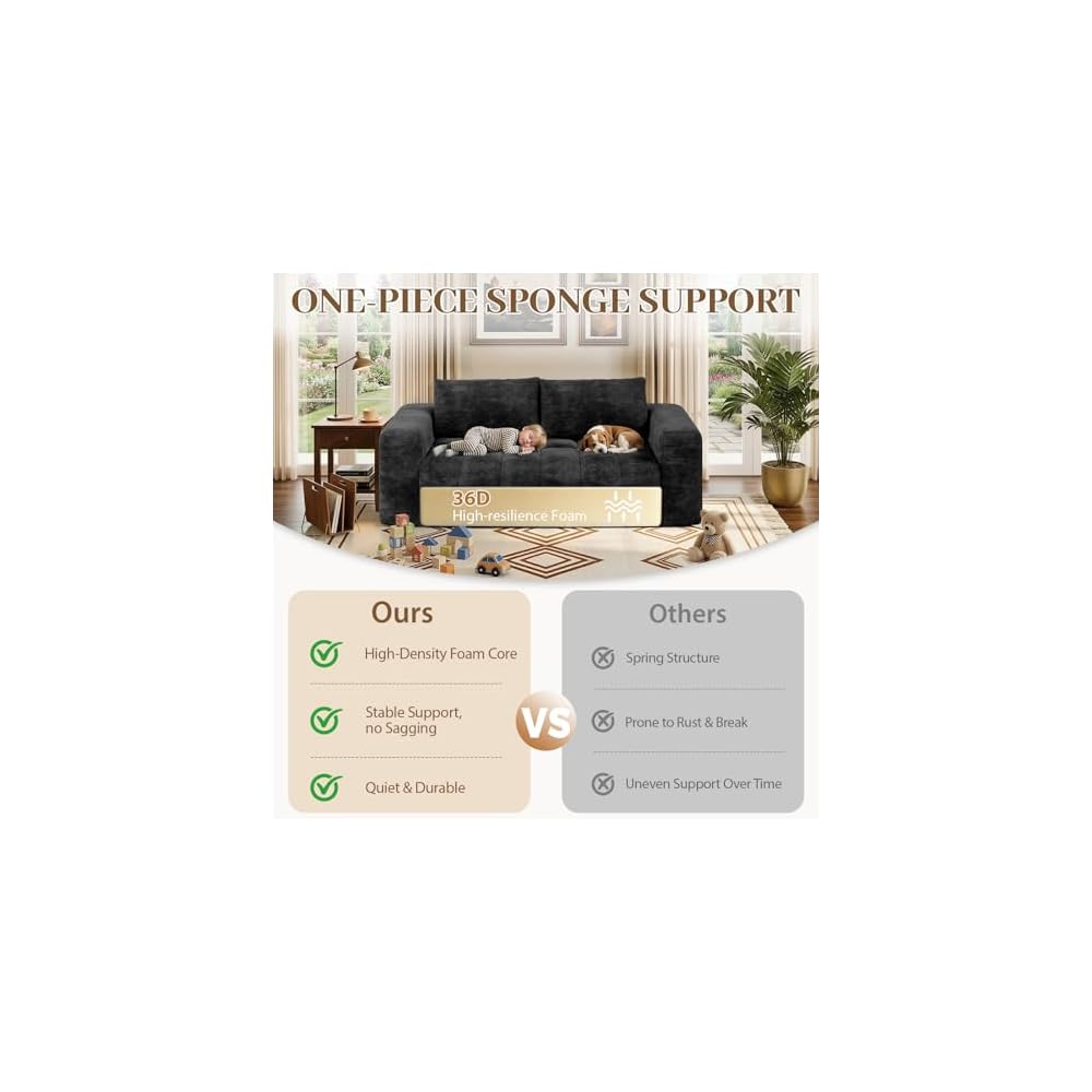 EROMMY 76'' Loveseat Boneless Couch, Oversized Cloud Tufted Sofa with Deep Seat, 3 Seater Memory Foam Couch for Apartment, No Assembly Required Soft Chenille Sofa, Black