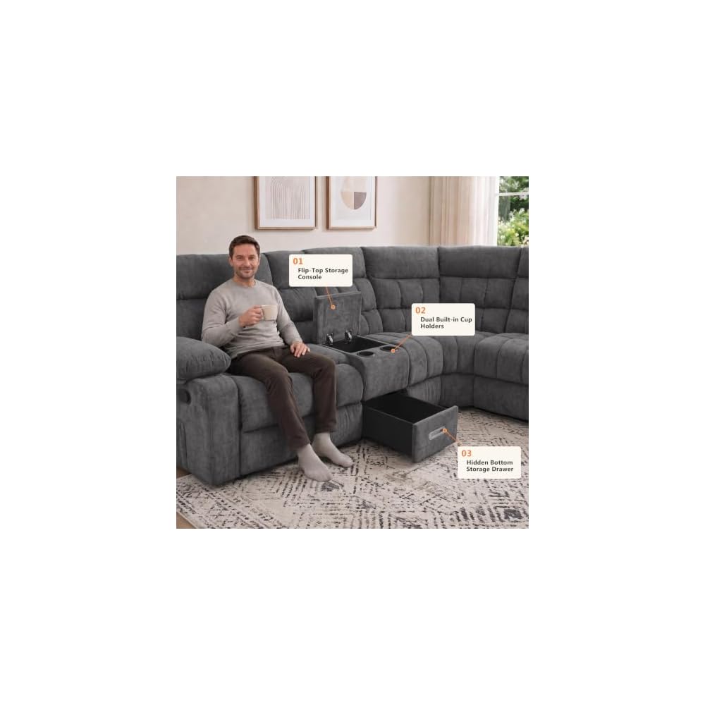 Reclining Sectional Sofa, L Shaped Recliner Couch, 6 Seater, Dark Gray
