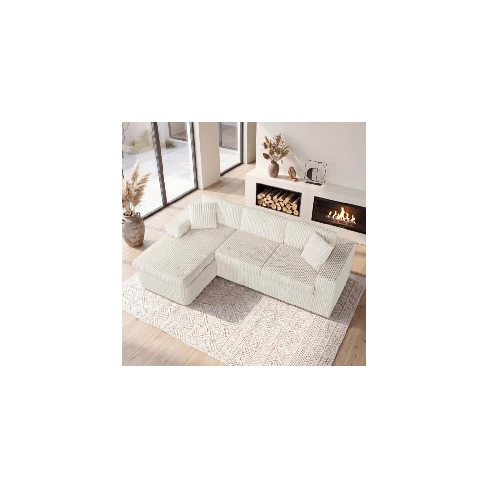 Shintenchi 104 Boneless Couch, L Shaped Modular Sectional Sofa with Deep Seat, Cloud Foam Couch with Oversized Chaise Lounge, No Assembly Required Plush Corduroy Living Room Furniture, Beige