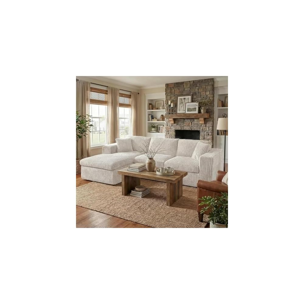 Shintenchi 104 Boneless Couch, L Shaped Modular Sectional Sofa with Deep Seat, Cloud Foam Couch with Oversized Chaise Lounge, No Assembly Required Plush Corduroy Living Room Furniture, Beige