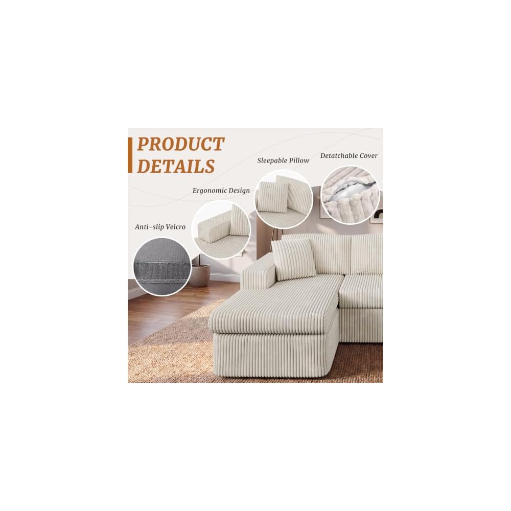 Shintenchi 104 Boneless Couch, L Shaped Modular Sectional Sofa with Deep Seat, Cloud Foam Couch with Oversized Chaise Lounge, No Assembly Required Plush Corduroy Living Room Furniture, Beige
