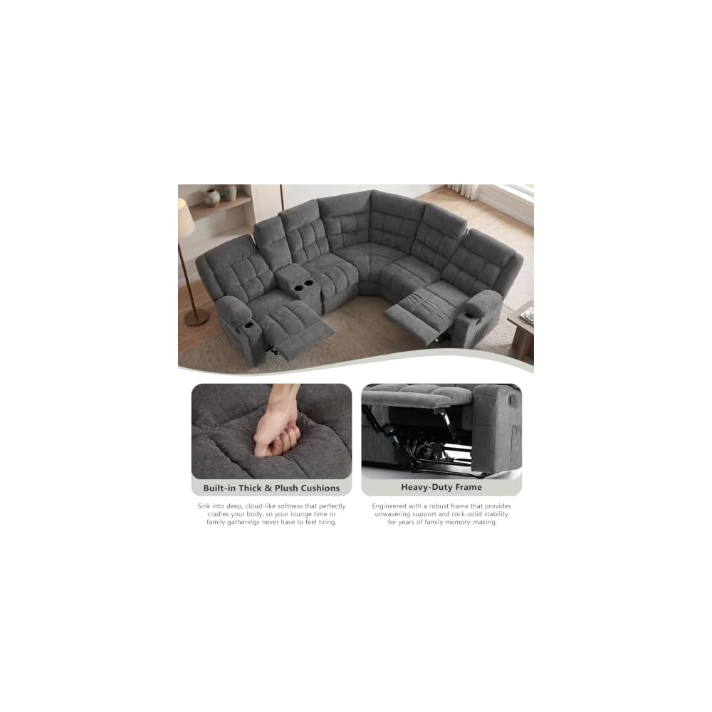 Reclining Sectional Sofa, L Shaped Recliner Couch, 6 Seater, Dark Gray