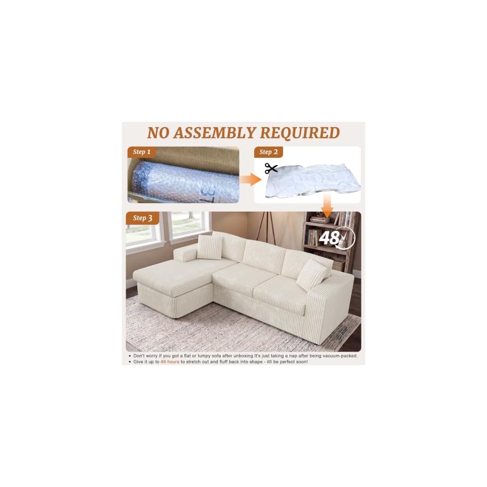 Shintenchi 104 Boneless Couch, L Shaped Modular Sectional Sofa with Deep Seat, Cloud Foam Couch with Oversized Chaise Lounge, No Assembly Required Plush Corduroy Living Room Furniture, Beige