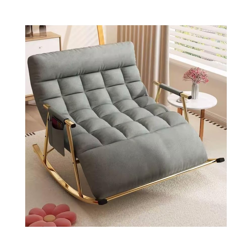 Modern Grey Rocking Chair with Soft Cushion - Comfortable Living Room & Bedroom Lounger, Zero Gravity Garden Chair with Armrests, Stylish Outdoor Seating (Black Legs)