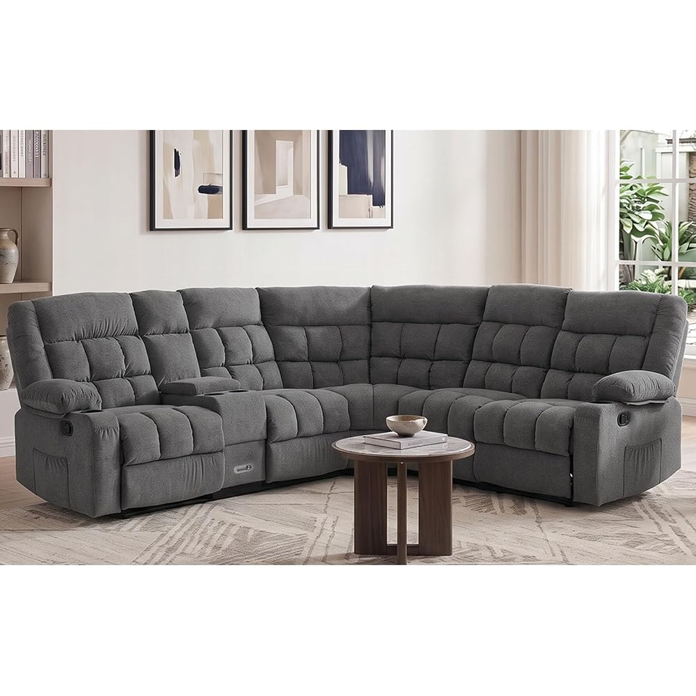 Reclining Sectional Sofa, L Shaped Recliner Couch, 6 Seater, Dark Gray