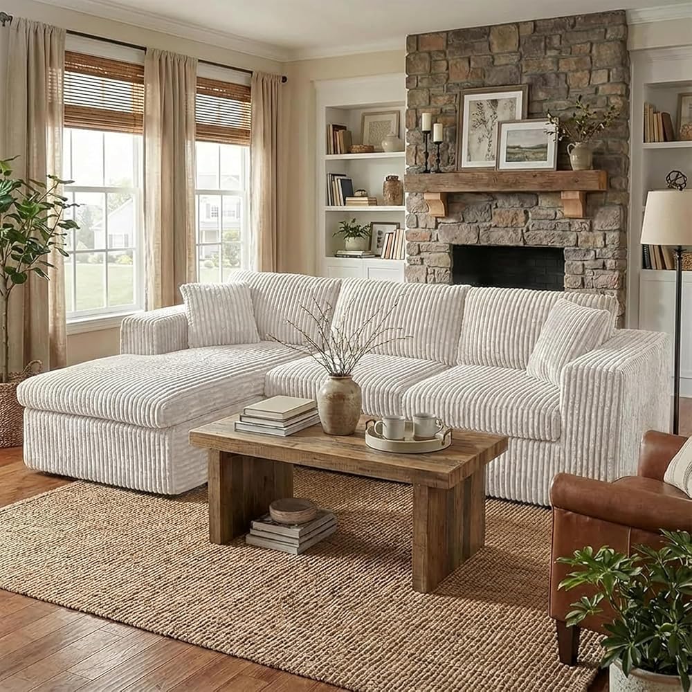 Shintenchi 104 Boneless Couch, L Shaped Modular Sectional Sofa with Deep Seat, Cloud Foam Couch with Oversized Chaise Lounge, No Assembly Required Plush Corduroy Living Room Furniture, Beige