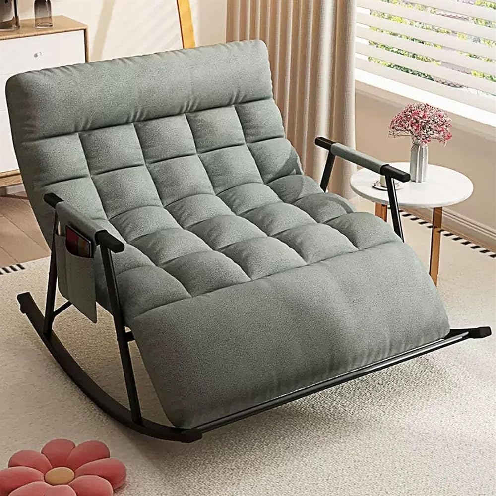 Modern Grey Rocking Chair with Soft Cushion - Comfortable Living Room & Bedroom Lounger, Zero Gravity Garden Chair with Armrests, Stylish Outdoor Seating (Black Legs)